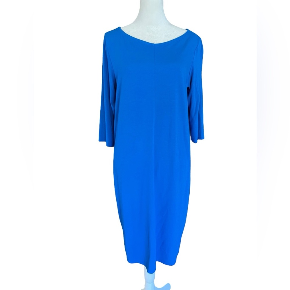 EILEEN FISHER Jersey Shift Dress Catalina Blue 3/4 Sleeve Sz S Luxury Elevated